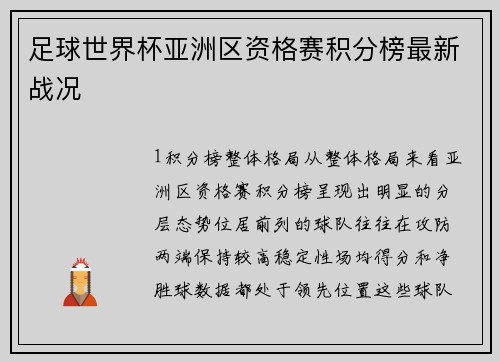 足球世界杯亚洲区资格赛积分榜最新战况
