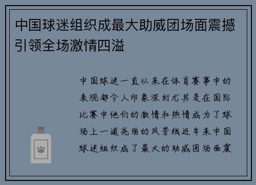 中国球迷组织成最大助威团场面震撼引领全场激情四溢